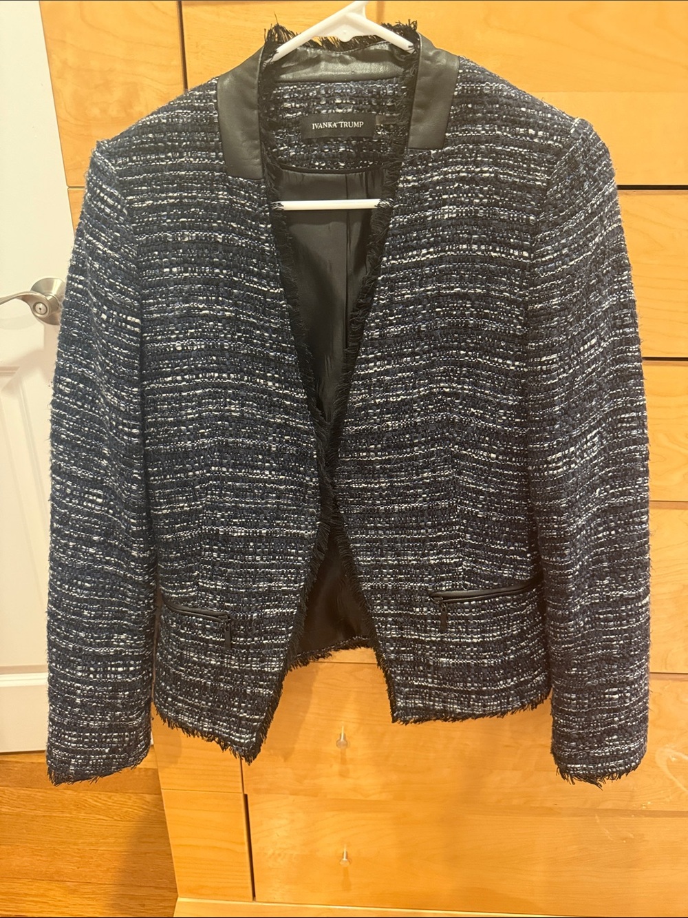 Ivanka Trump Blue Tweed Frayed Open Blazer